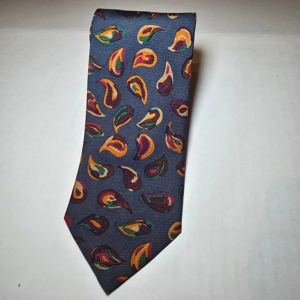 Leonard Paris Mens Silk Paisley Necktie Navy Blue Orange Made in Italy